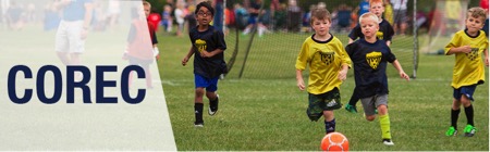 banner image with children playing soccer and the text COREC overlaying the image